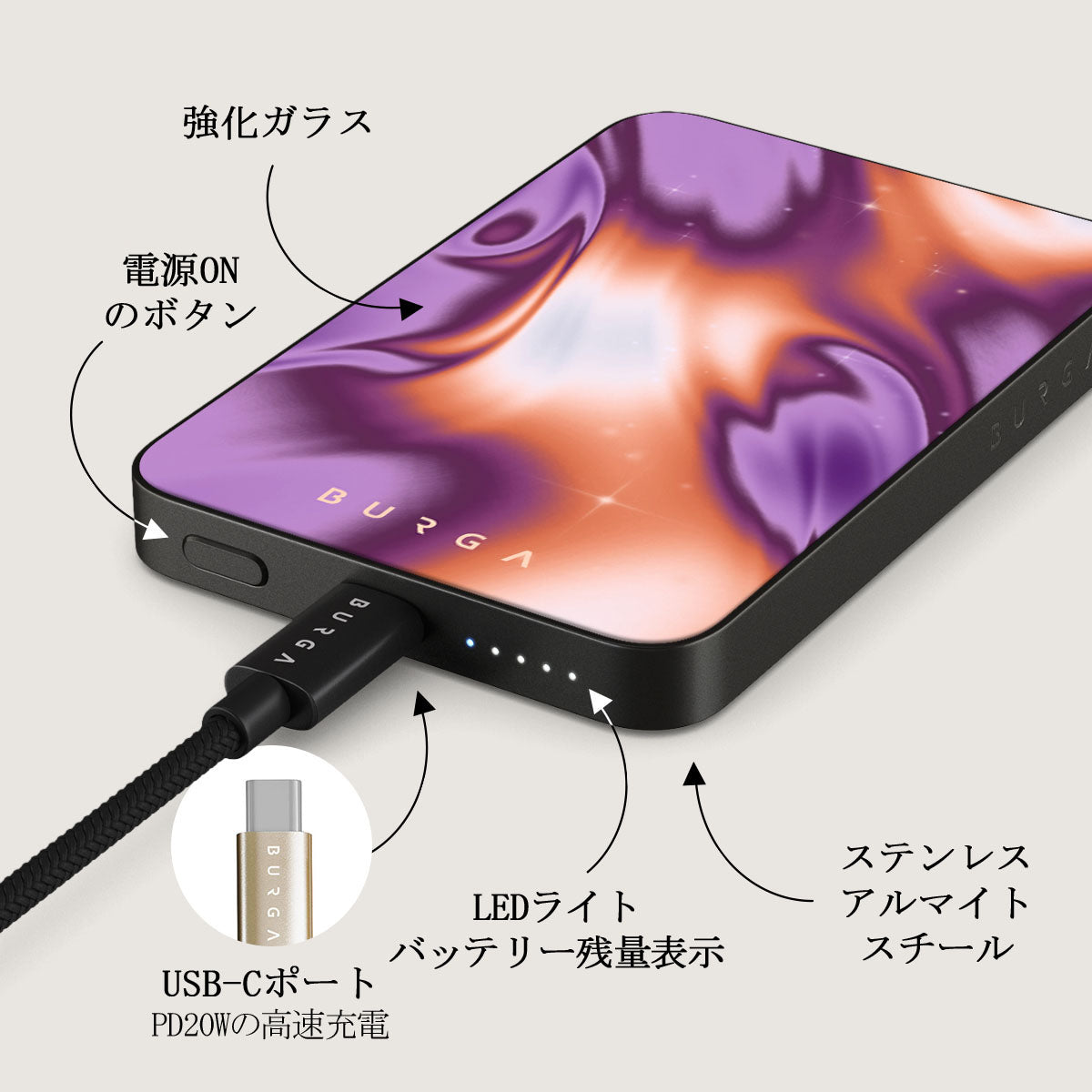 BURGA マグネット式モバイルバッテリー Magnetic - MagSafe対応ワイヤレス充電器（モバイルバッテリー